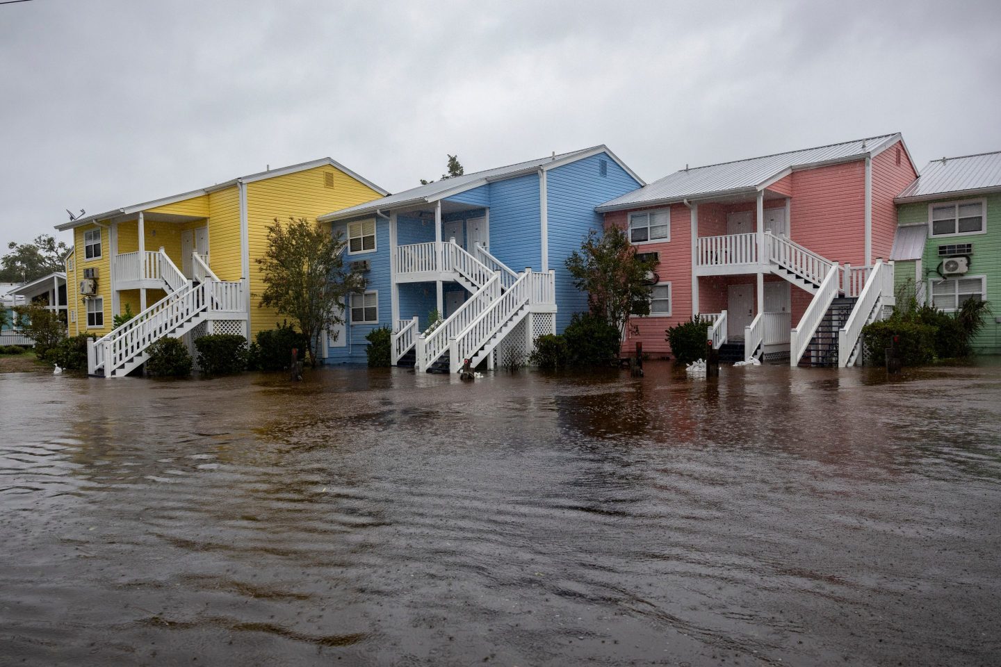 Homes surrounded by flood water after Hurricane Debby made landfall in Steinhatchee, Florida, US, on Monday, Aug. 5, 2024. Tropical Storm Debby threatens to unleash days of heavy rain and flooding on the US East Coast after slamming into Florida as a hurricane, knocking out power to thousands. Photographer: Christian Monterrosa/Bloomberg via Getty Images